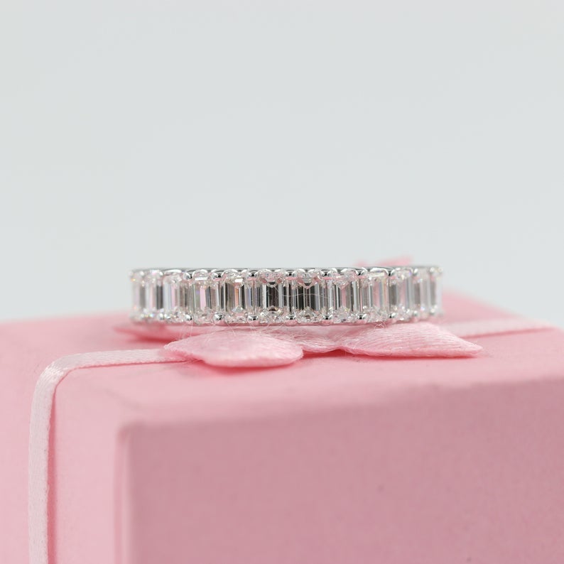 1.7 CT Emerald Cut Diamond 925 Sterling Silver Half Eternity Wedding Band Ring