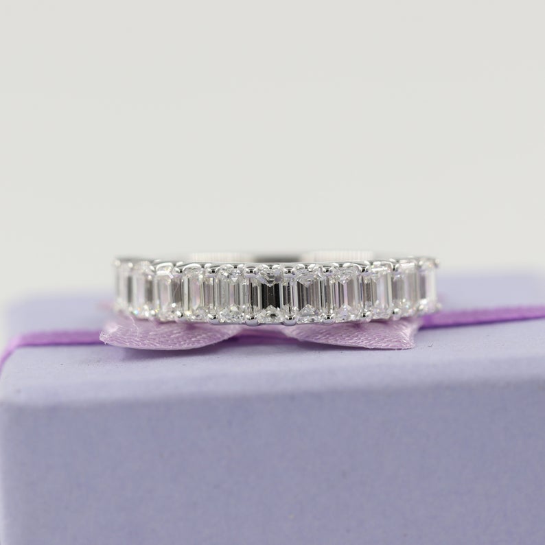1.7 CT Emerald Cut Diamond 925 Sterling Silver Half Eternity Anniversary gift Ring