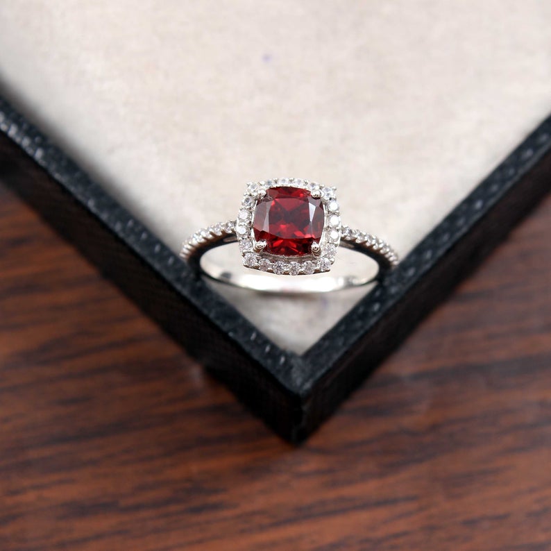 1 CT Cushion Cut Red Garnet White Gold Over On 925 Sterling Silver Halo Wedding Ring