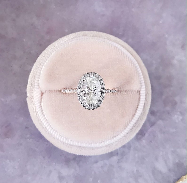 1.5 CT Oval Cut Diamond Rose Gold Over On 925 Sterling Silver Halo Anniversary Ring
