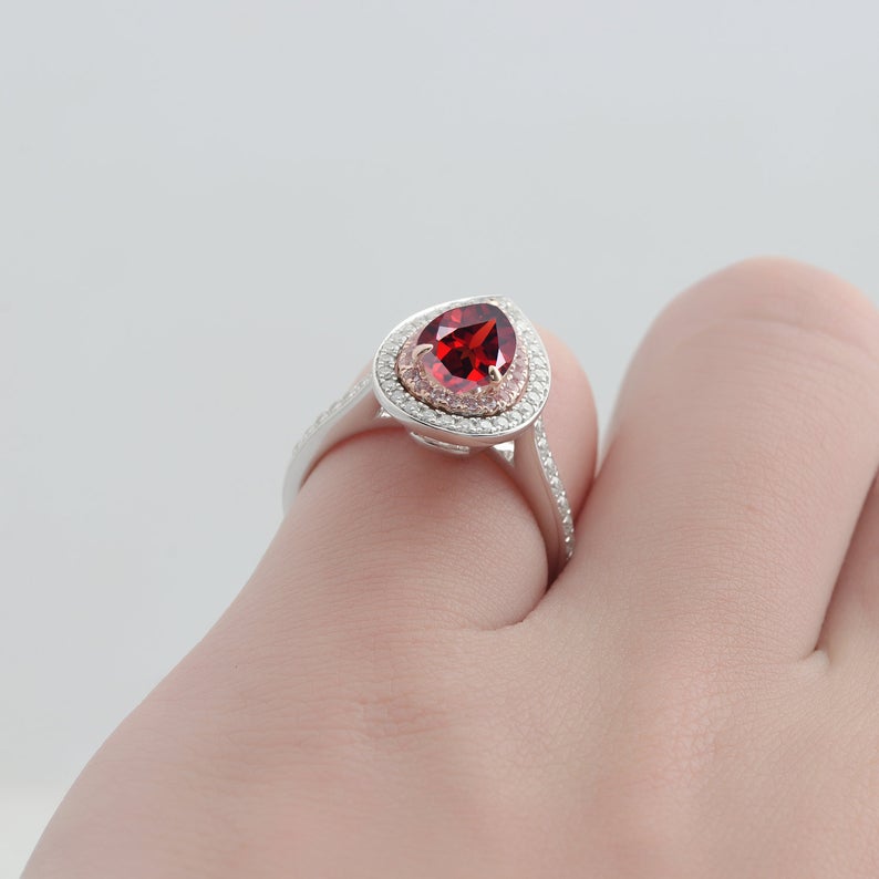 2.00 Ct Pear Cut Red Garnet & Round Pink Sapphire 925 Sterling Silver Double Halo Engagement Ring