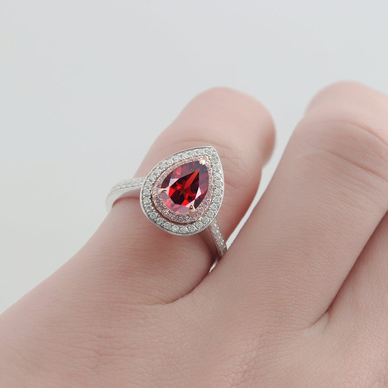 2.00 Ct Pear Cut Red Garnet & Round Pink Sapphire 925 Sterling Silver Double Halo Engagement Ring