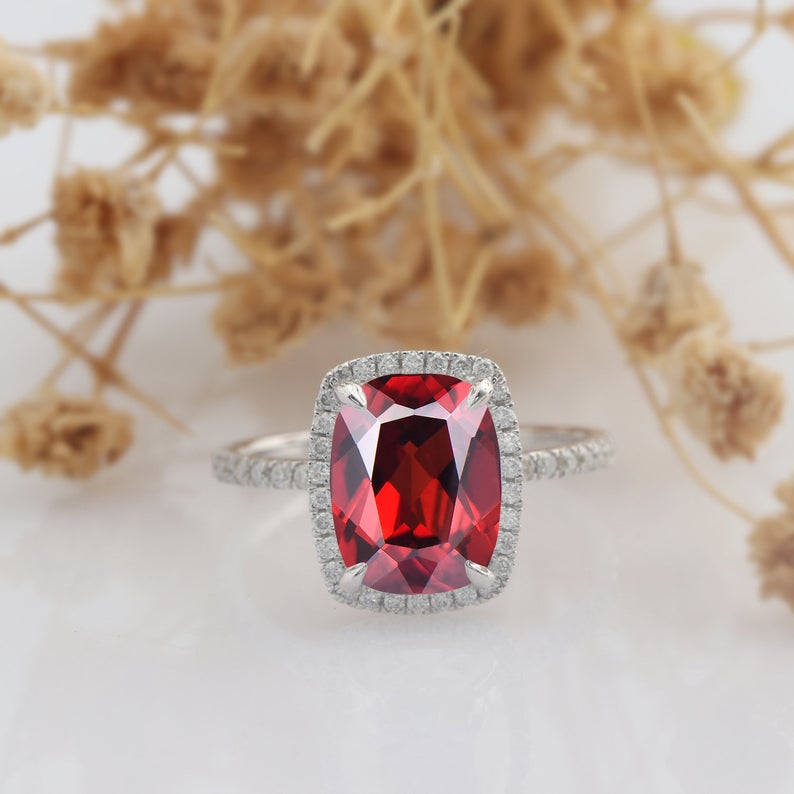 2.00 Ct Cushion Cut Red Garnet 925 Sterling Silver Halo January Birthstone Ring