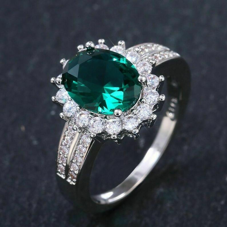 2 CT Oval Cut Green Emerald Diamond White Gold Over On 925 Sterling Silver Women Halo Anniversary Ring