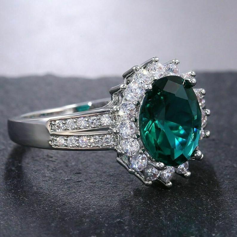 2 CT Oval Cut Green Emerald Diamond White Gold Over On 925 Sterling Silver Women Halo Anniversary Ring