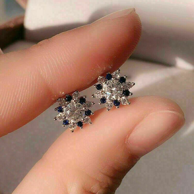 2.10 Ct Round Cut Blue Sapphire & White CZ 925 Sterling Silver Floral Cluster Earrings