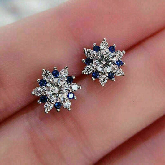 2.10 Ct Round Cut Blue Sapphire & White CZ 925 Sterling Silver Floral Cluster Earrings