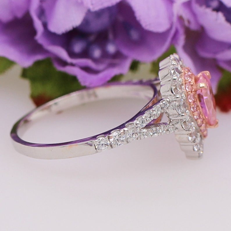 1 CT Pear Cut Pink Sapphire & White Round Cut CZ Diamond White Gold Over On 925 Sterling Silver Halo Anniversary Ring