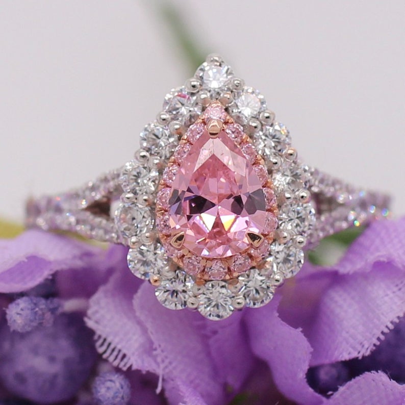 1 CT Pear Cut Pink Sapphire & White Round Cut CZ Diamond White Gold Over On 925 Sterling Silver Halo Anniversary Ring