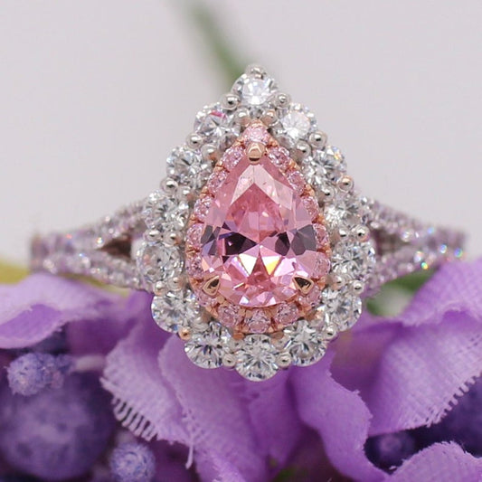 1 CT Pear Cut Pink Sapphire & White Round Cut CZ Diamond White Gold Over On 925 Sterling Silver Halo Anniversary Ring