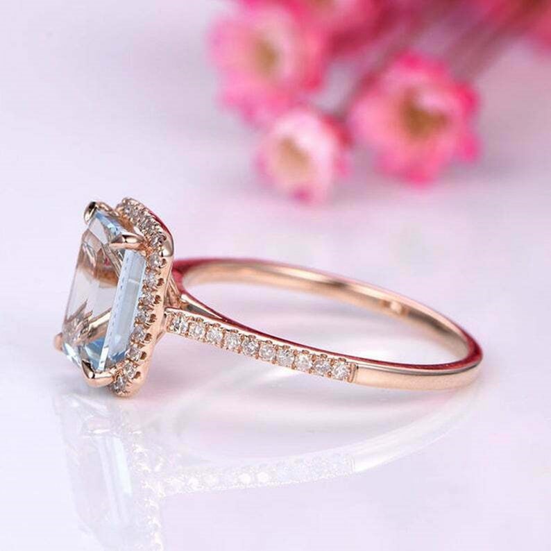 1 CT Emerald Cut Aquamarine Diamond 925 Sterling Silver Halo Wedding Ring