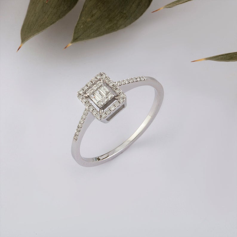 1 CT Baguette Cut Diamond 925 Sterling Silver Halo Square  Engagement Ring