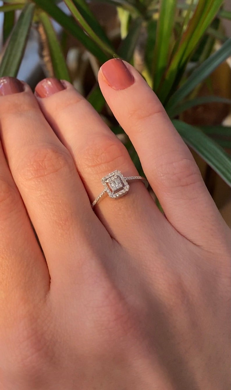 1 CT Baguette Cut Diamond 925 Sterling Silver Halo Square  Engagement Ring