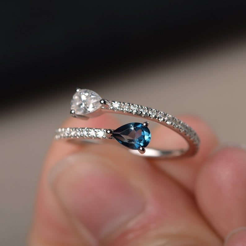 2.00 Ct Pear Cut London Blue Topaz & White CZ Adjustable Ring In 925 Sterling Silver
