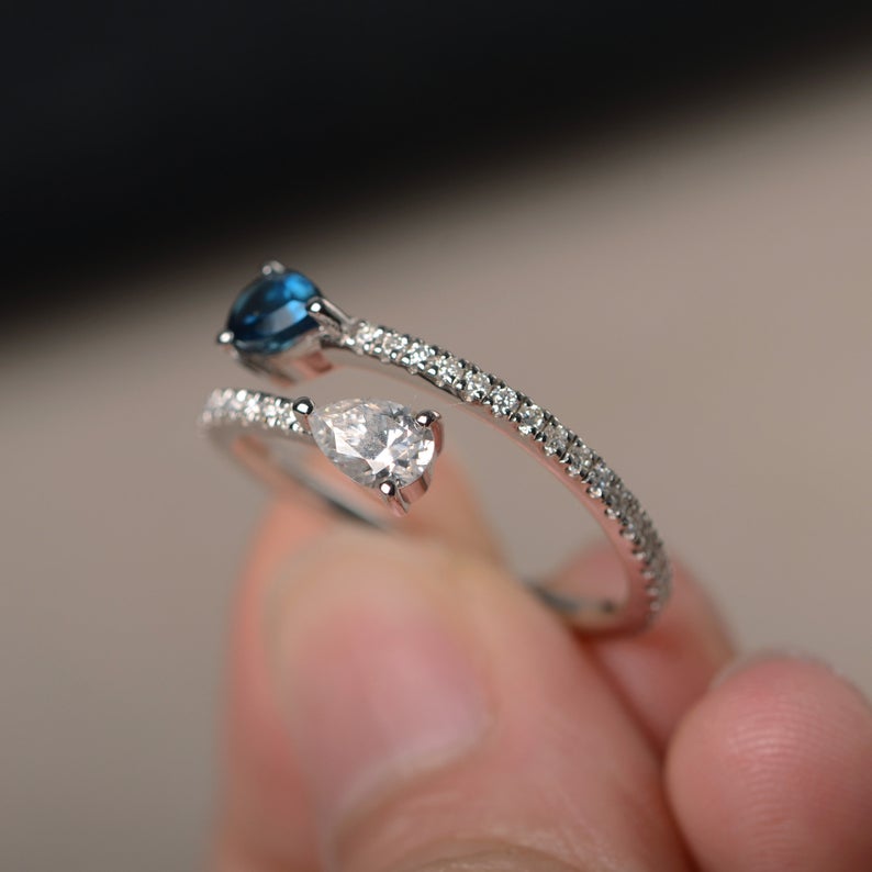 2.00 Ct Pear Cut London Blue Topaz & White CZ Adjustable Ring In 925 Sterling Silver