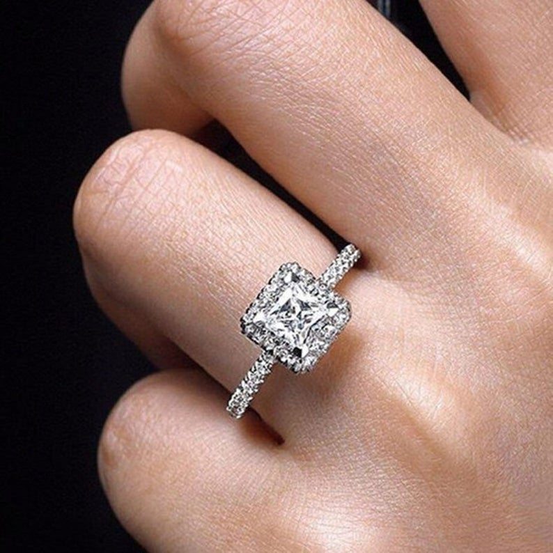 1.5 CT Princess Cut Diamond 925 Sterling Silver Halo Wedding Ring