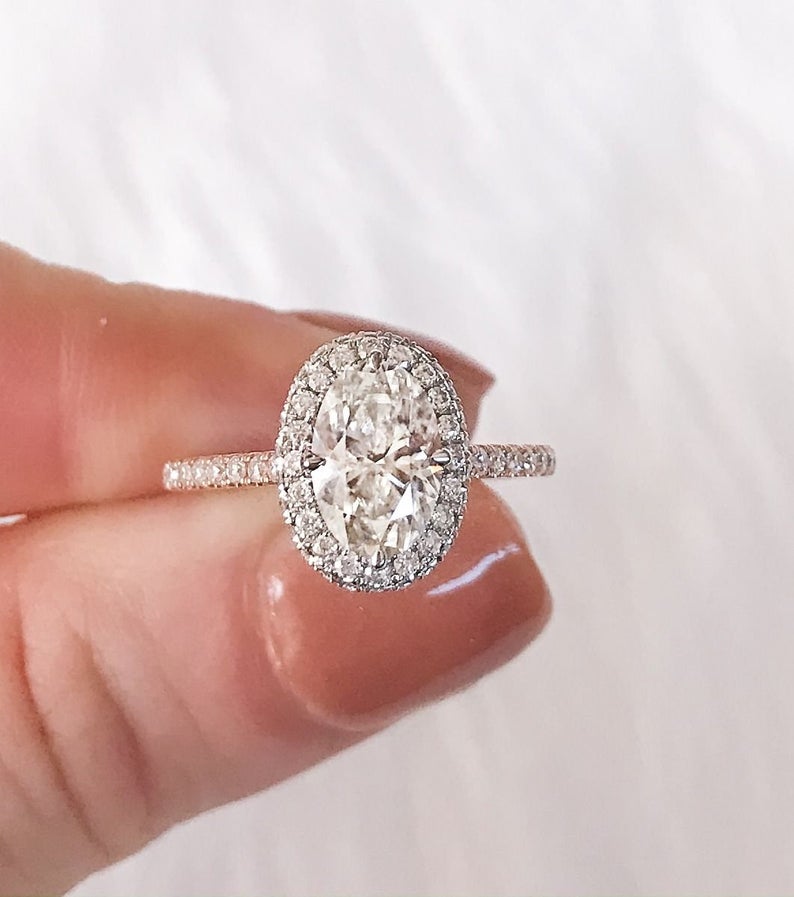 1.5 CT Oval Cut Diamond Rose Gold Over On 925 Sterling Silver Halo Anniversary Ring