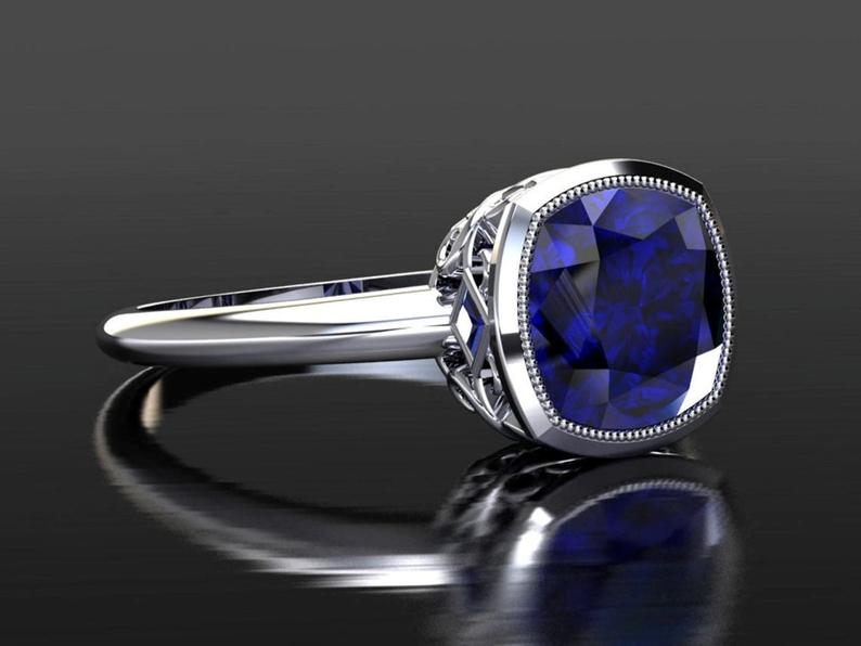 1 CT Cushion Cut Blue Sapphire Diamond White Gold Over On 925 Sterling Silver Solitaire With Accents Ring