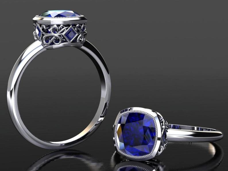 1 CT Cushion Cut Blue Sapphire Diamond White Gold Over On 925 Sterling Silver Solitaire With Accents Ring