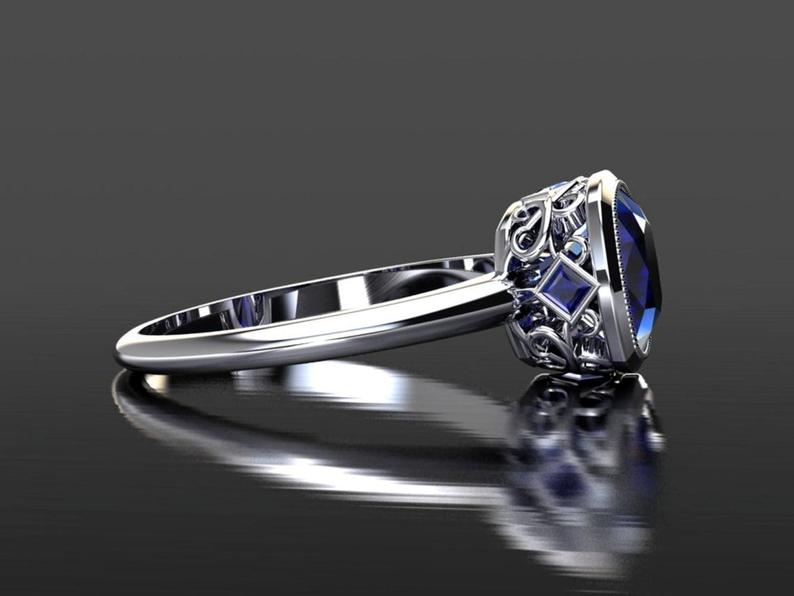 1 CT Cushion Cut Blue Sapphire Diamond White Gold Over On 925 Sterling Silver Solitaire With Accents Ring