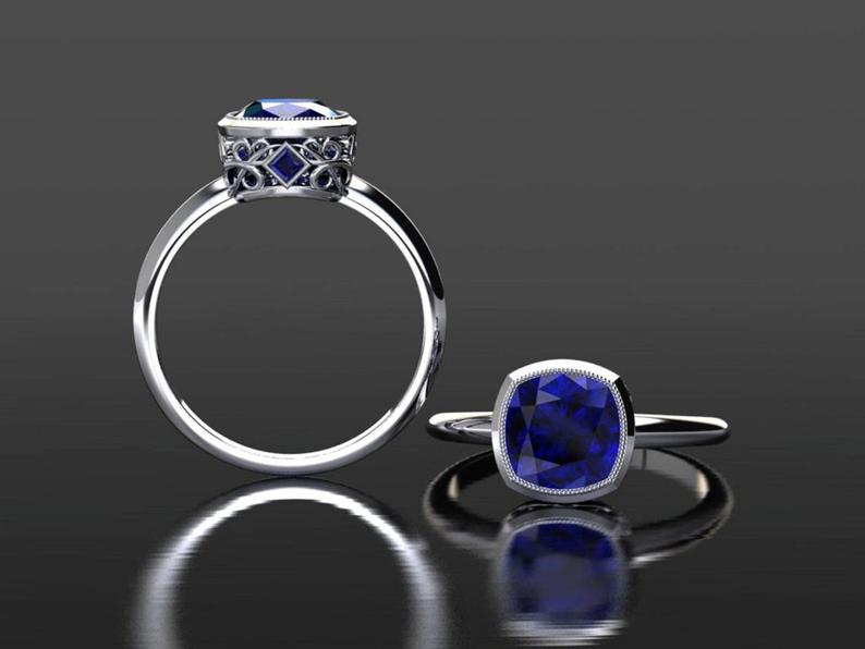 1 CT Cushion Cut Blue Sapphire Diamond White Gold Over On 925 Sterling Silver Solitaire With Accents Ring