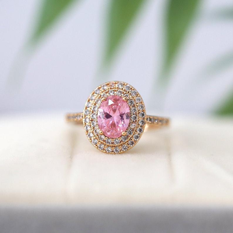 CT Oval Cut Pink Sapphire Diamond Rose Gold Over On 925 Sterling Silver  Double Halo Anniversarry Ring