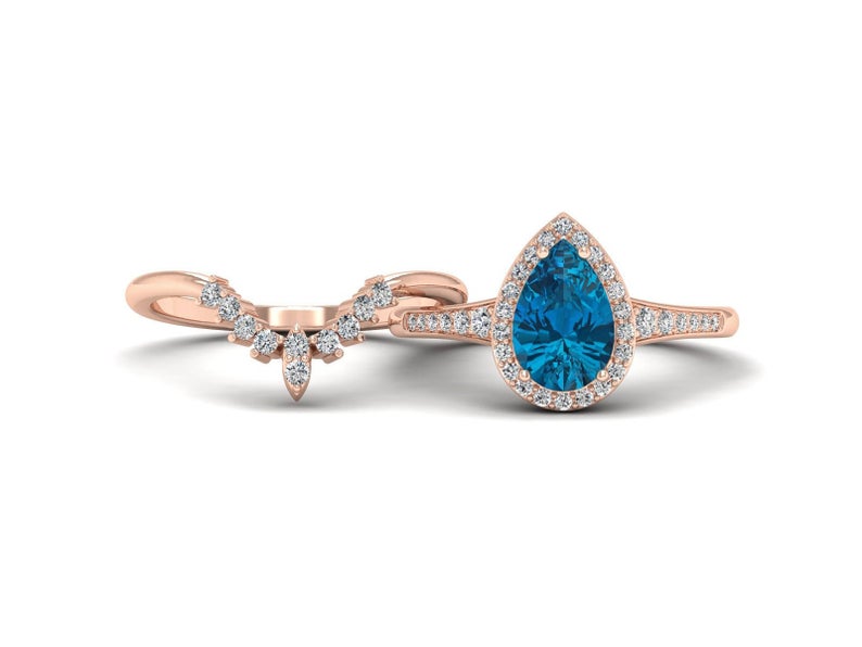 1 CT Pear Cut London Blue Topaz Diamond Rose Gold Over On 925 Sterling Silver Bridal Ring Set