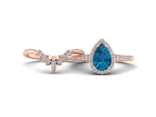 1 CT Pear Cut London Blue Topaz Diamond Rose Gold Over On 925 Sterling Silver Bridal Ring Set