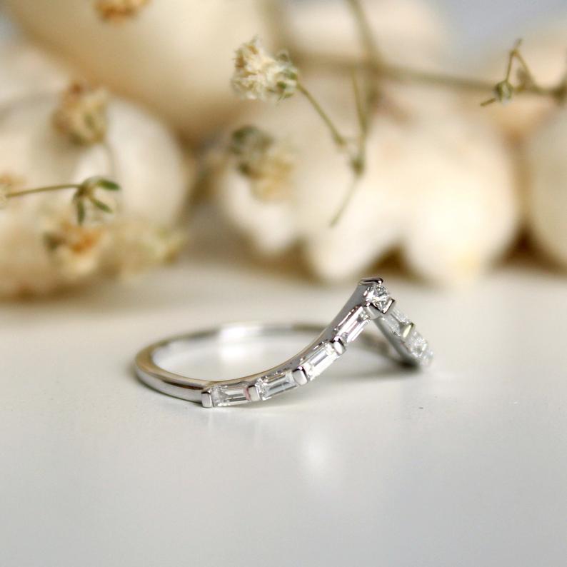 1.20 Ct Baguette Cut Diamond 925 Sterling Silver V Shape Engagement Band Ring