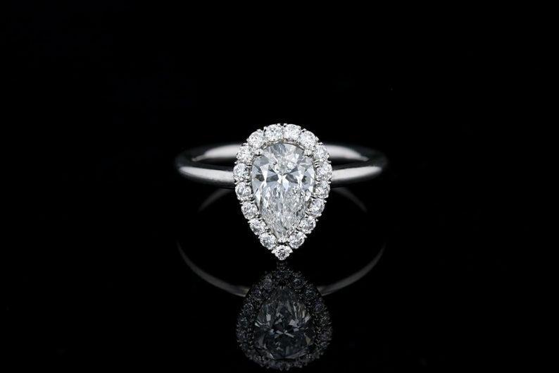 1 CT Pear Cut Diamond White Gold Over On 925 Sterling Silver Halo Wedding Ring