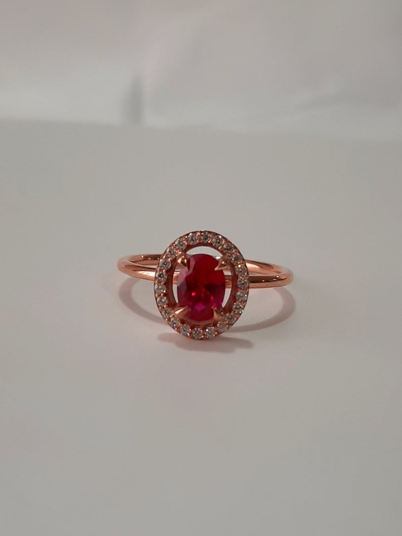 1 CT Oval Cut Ruby Diamond Rose Gold Over On 925 Sterling Silver Halo Promise Ring
