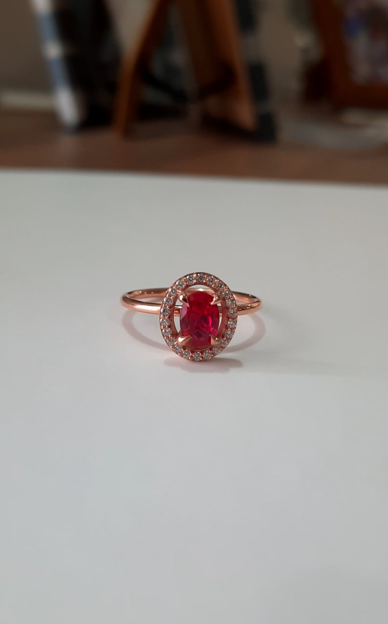 1 CT Oval Cut Ruby Diamond Rose Gold Over On 925 Sterling Silver Halo Promise Ring