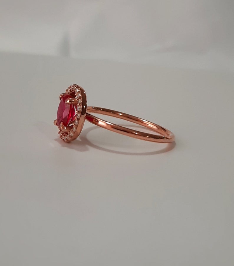 1 CT Oval Cut Ruby Diamond Rose Gold Over On 925 Sterling Silver Halo Promise Ring