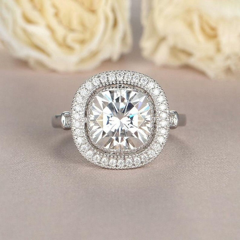 2 CT Cushion Cut Diamond 925 Sterling Silver Halo Engagement Ring