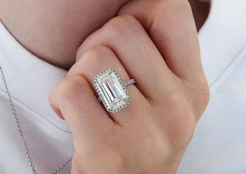 2 CT Emerald Cut Diamond 925 Sterling Silver Halo Women Wedding Ring