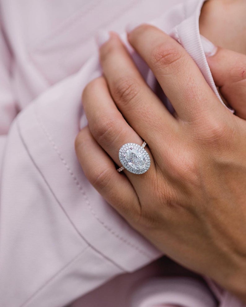 3.50 Ct Oval Cut Diamond White Gold Over On 925 Sterling Silver Double Halo Engagement Ring