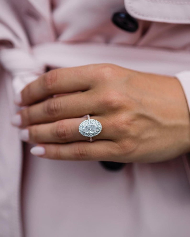 3.50 Ct Oval Cut Diamond White Gold Over On 925 Sterling Silver Double Halo Engagement Ring