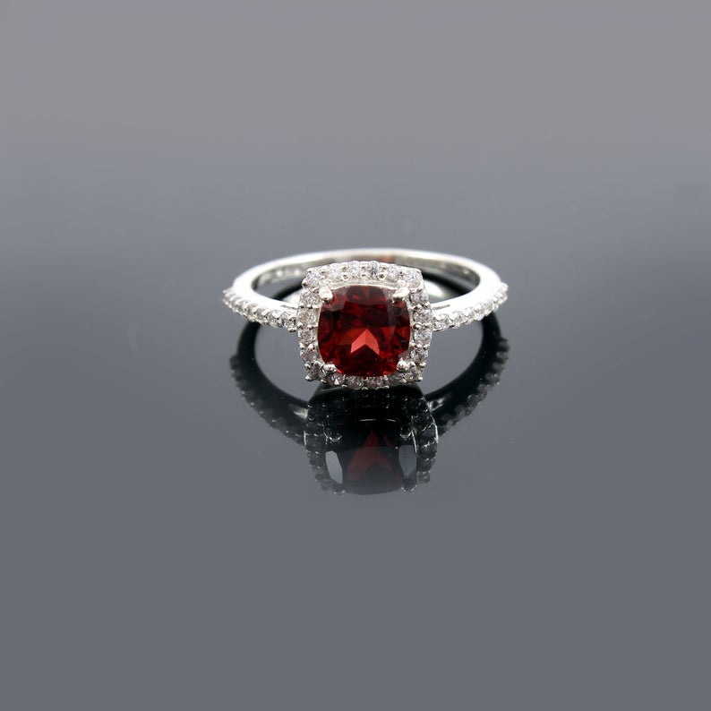 1 CT Cushion Cut Red Garnet White Gold Over On 925 Sterling Silver Halo Wedding Ring