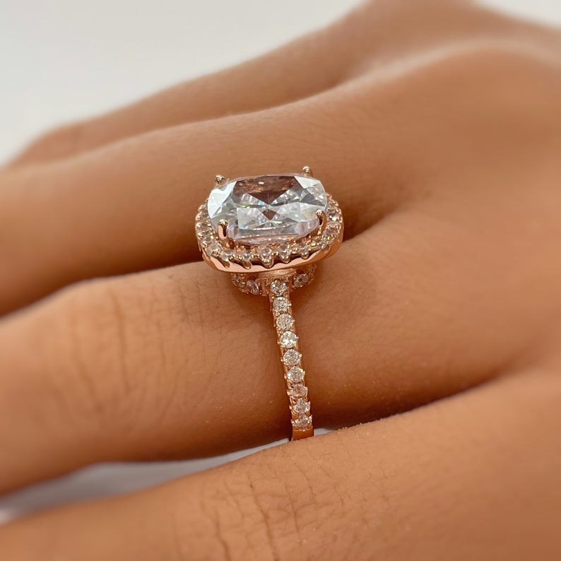 1 CT Cushion Cut Diamond Rose Gold Over On 925 Sterling Silver Halo Wedding Ring