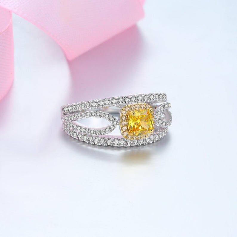 2.50 CT Cushion Cut Citrine Diamond Two-Tone Gold Over On 925 Sterling Silver Halo Wedding Ring