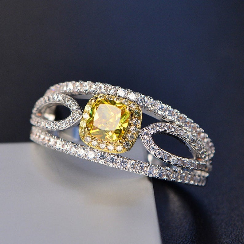 2.50 CT Cushion Cut Citrine Diamond Two-Tone Gold Over On 925 Sterling Silver Halo Wedding Ring