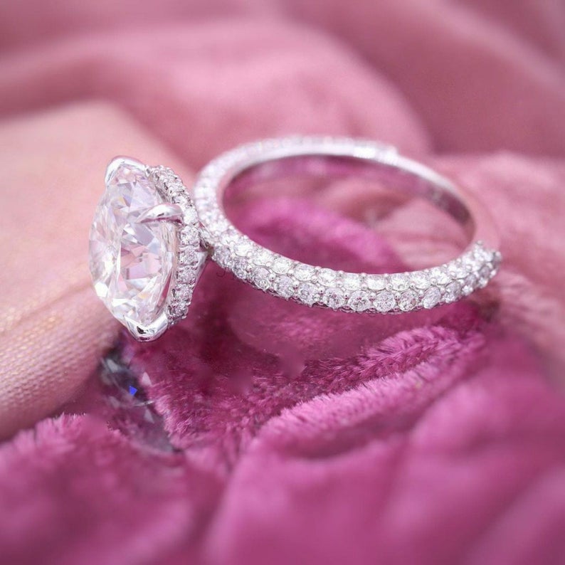 3 CT Oval Cut Diamond White Gold Over On 925 Sterling Silver Solitaire With Accents Ring