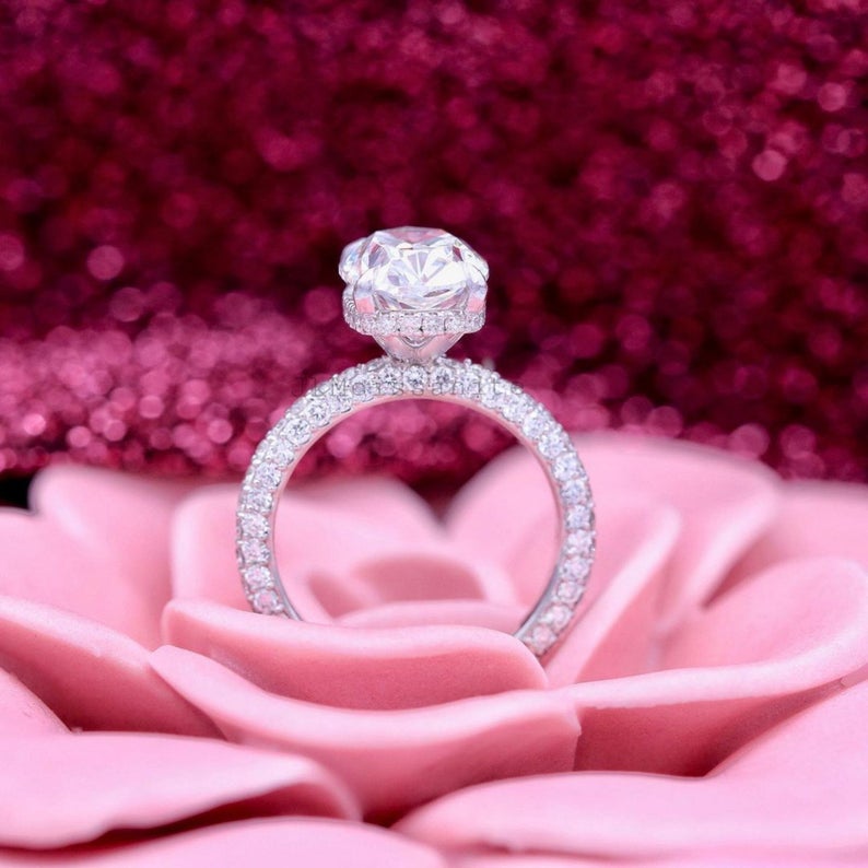 3 CT Oval Cut Diamond White Gold Over On 925 Sterling Silver Solitaire With Accents Ring