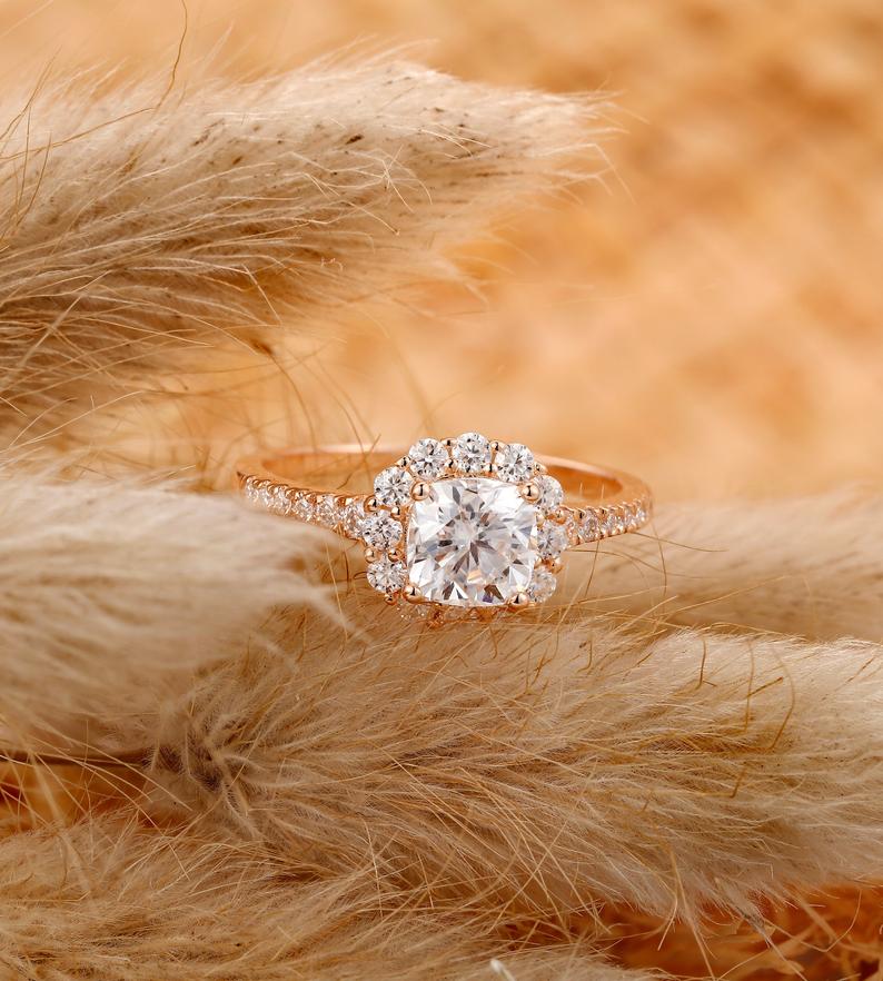 1 CT Cushion Cut Diamond Rose Gold Over On 925 Sterling Silver Halo Anniversary Ring