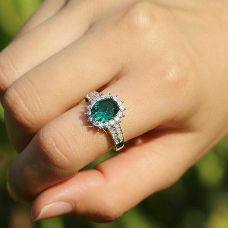 2 CT Oval Cut Green Emerald Diamond White Gold Over On 925 Sterling Silver Women Halo Anniversary Ring