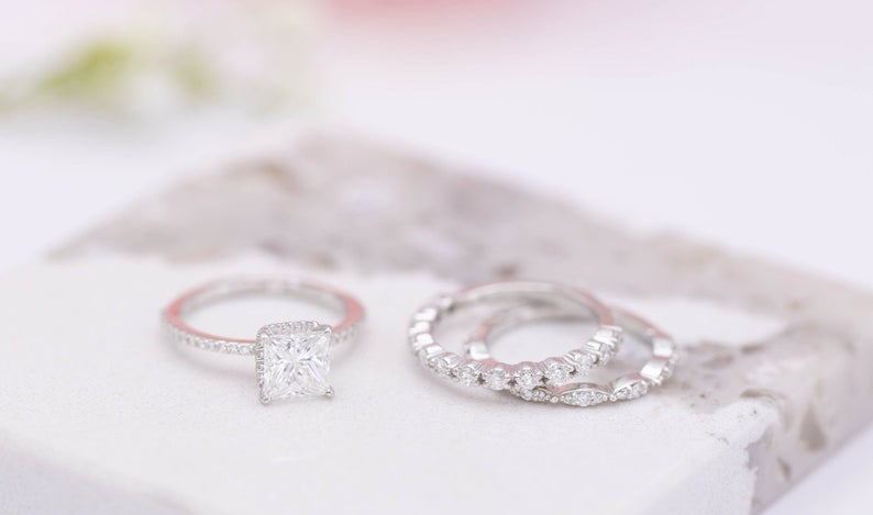 3.75 CT Princess Cut Diamond 925 Sterling Silver Solitaire W/Accents Wedding Bridal Trio Ring Set