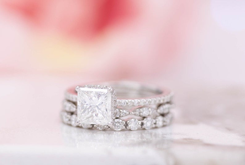 3.75 CT Princess Cut Diamond 925 Sterling Silver Solitaire W/Accents Wedding Bridal Trio Ring Set