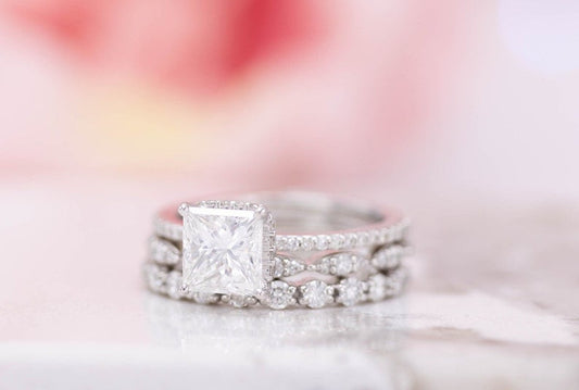 3.75 CT Princess Cut Diamond 925 Sterling Silver Solitaire W/Accents Wedding Bridal Trio Ring Set