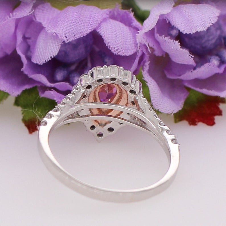 1 CT Pear Cut Pink Sapphire & White Round Cut CZ Diamond White Gold Over On 925 Sterling Silver Halo Anniversary Ring