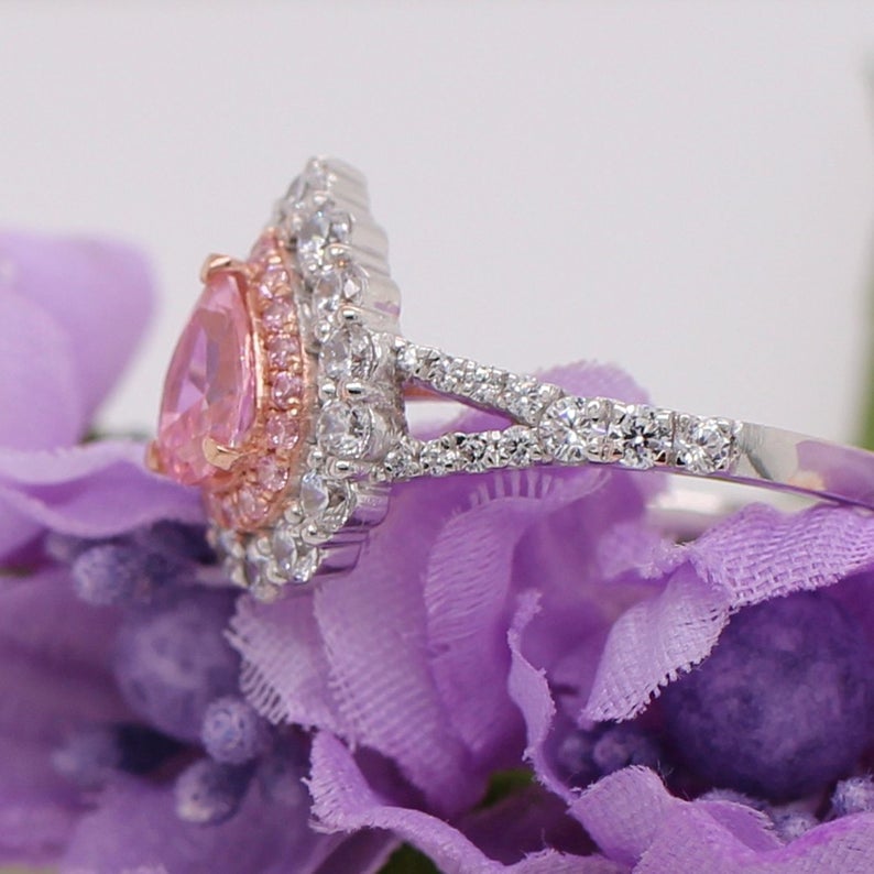 1 CT Pear Cut Pink Sapphire & White Round Cut CZ Diamond White Gold Over On 925 Sterling Silver Halo Anniversary Ring